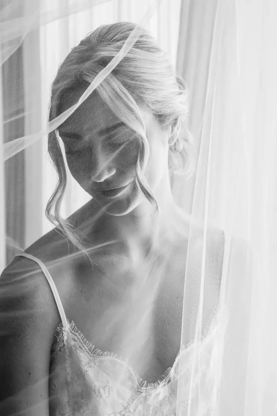 Black and white bridal portrait with veil, fine art Cabo wedding photography