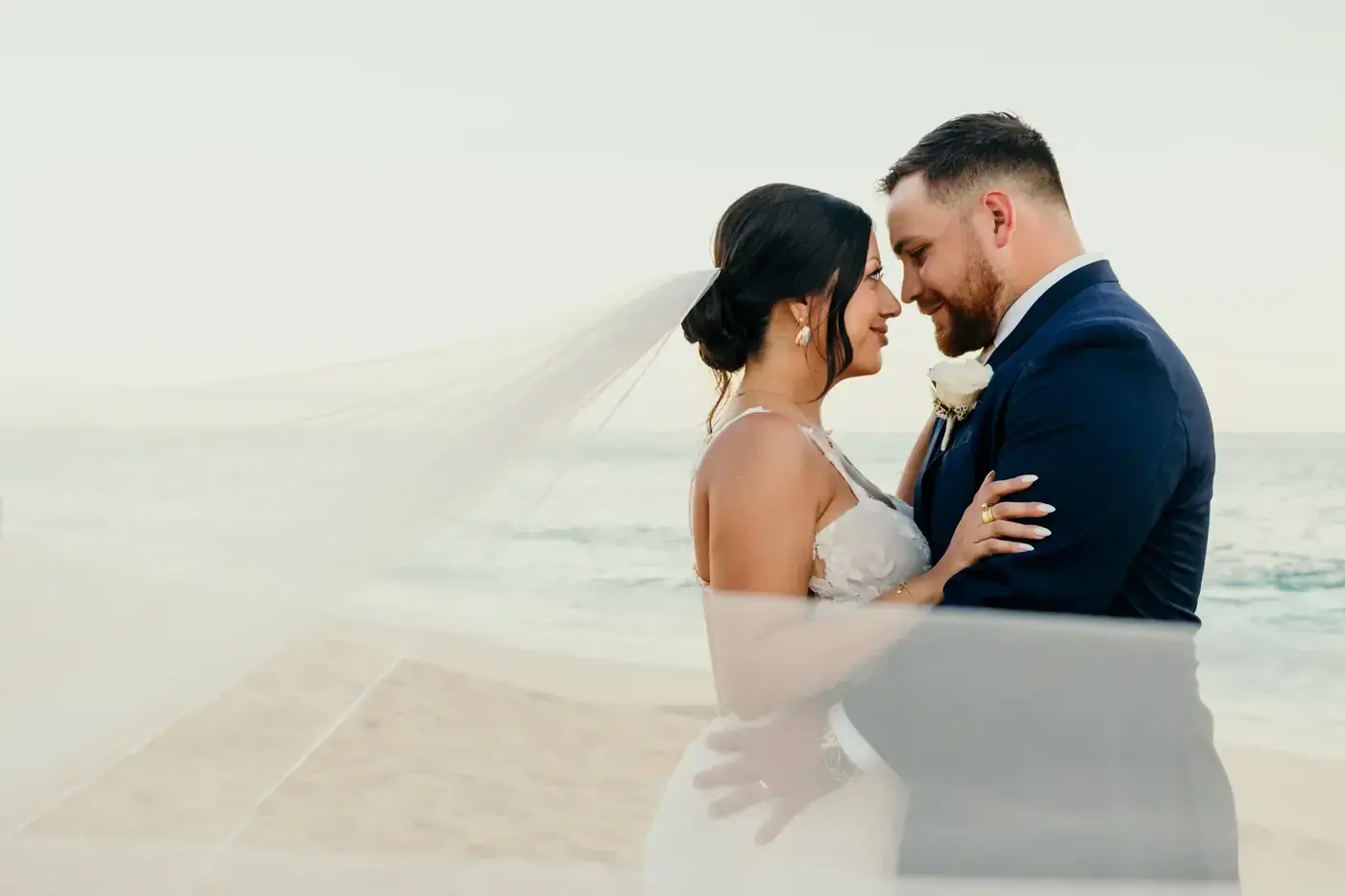 Cabo wedding couple veil beach portrait