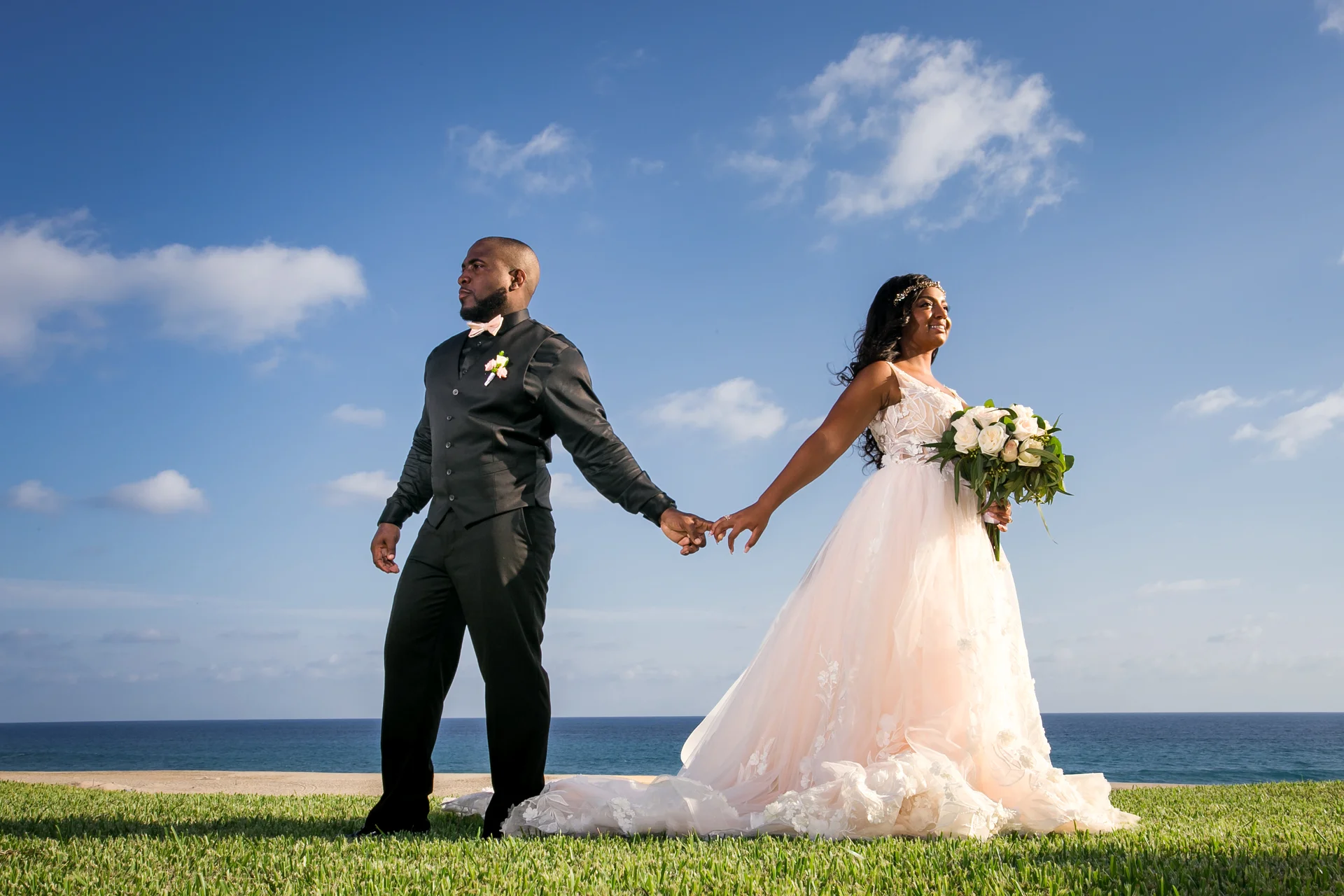 Wedding couple ocean view portrait