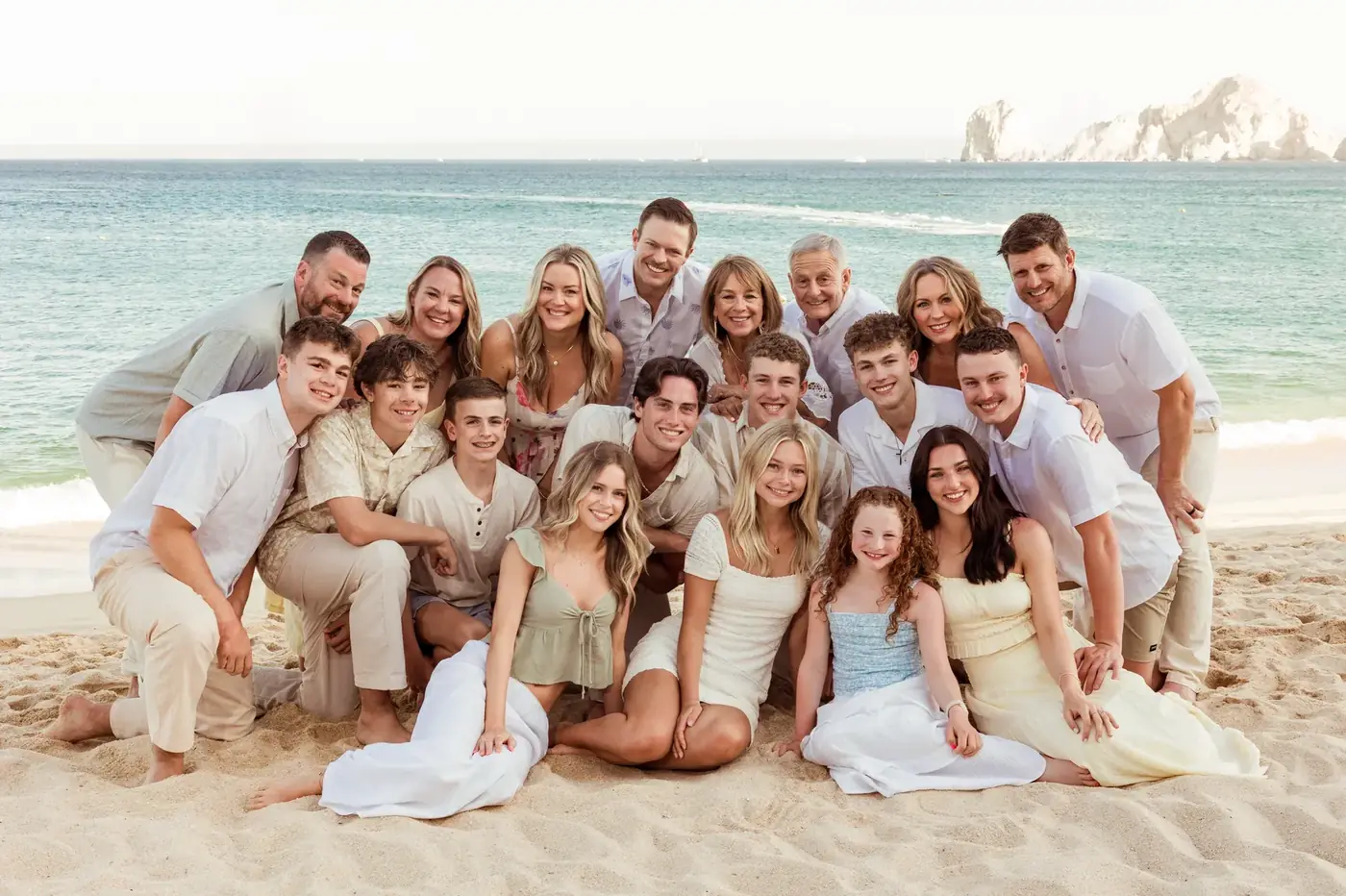 Wedding party group portrait on the beach, Cabo San Lucas