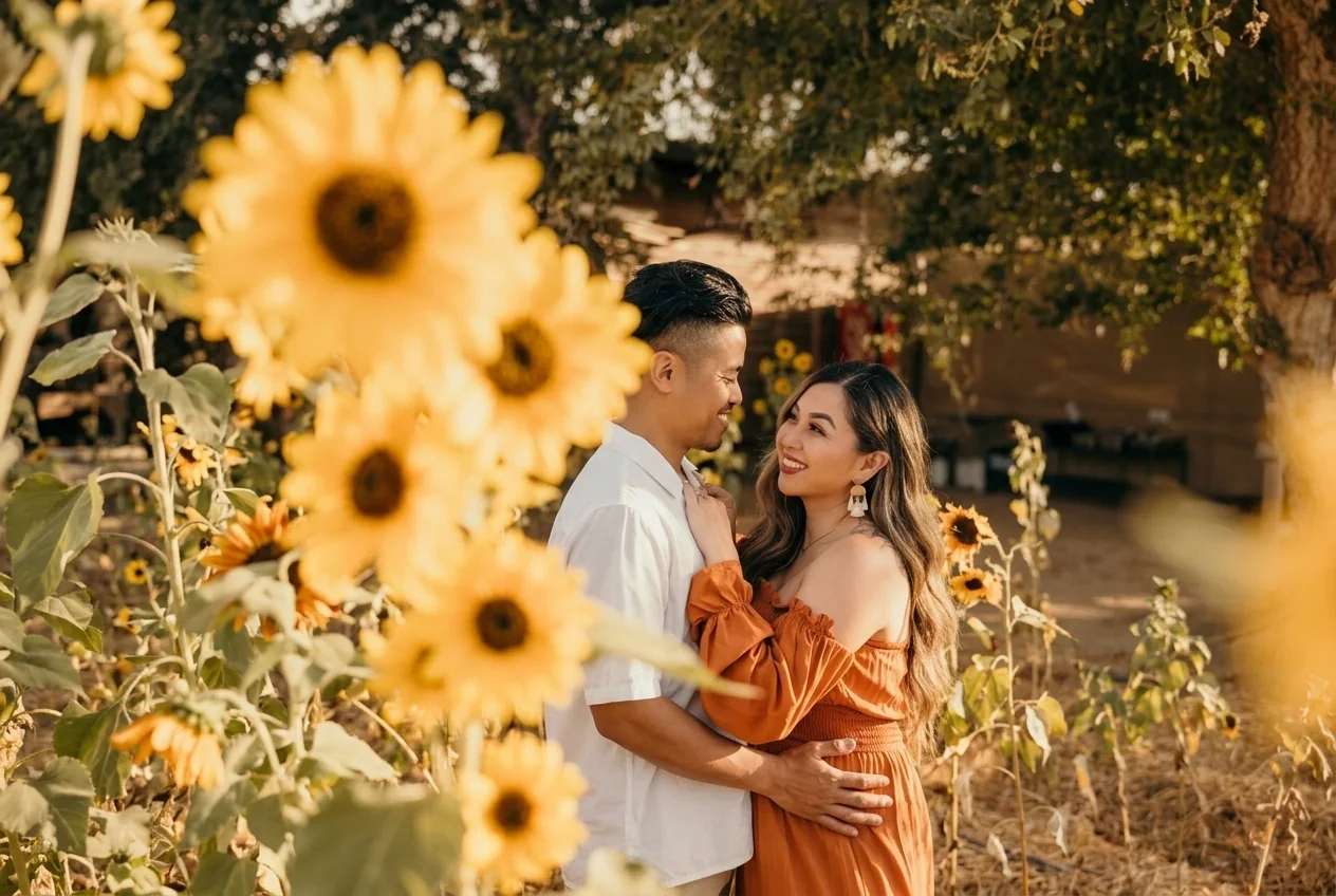 Wedding photographer among sunflowers at Flora Farms by Ana Badillo Photography