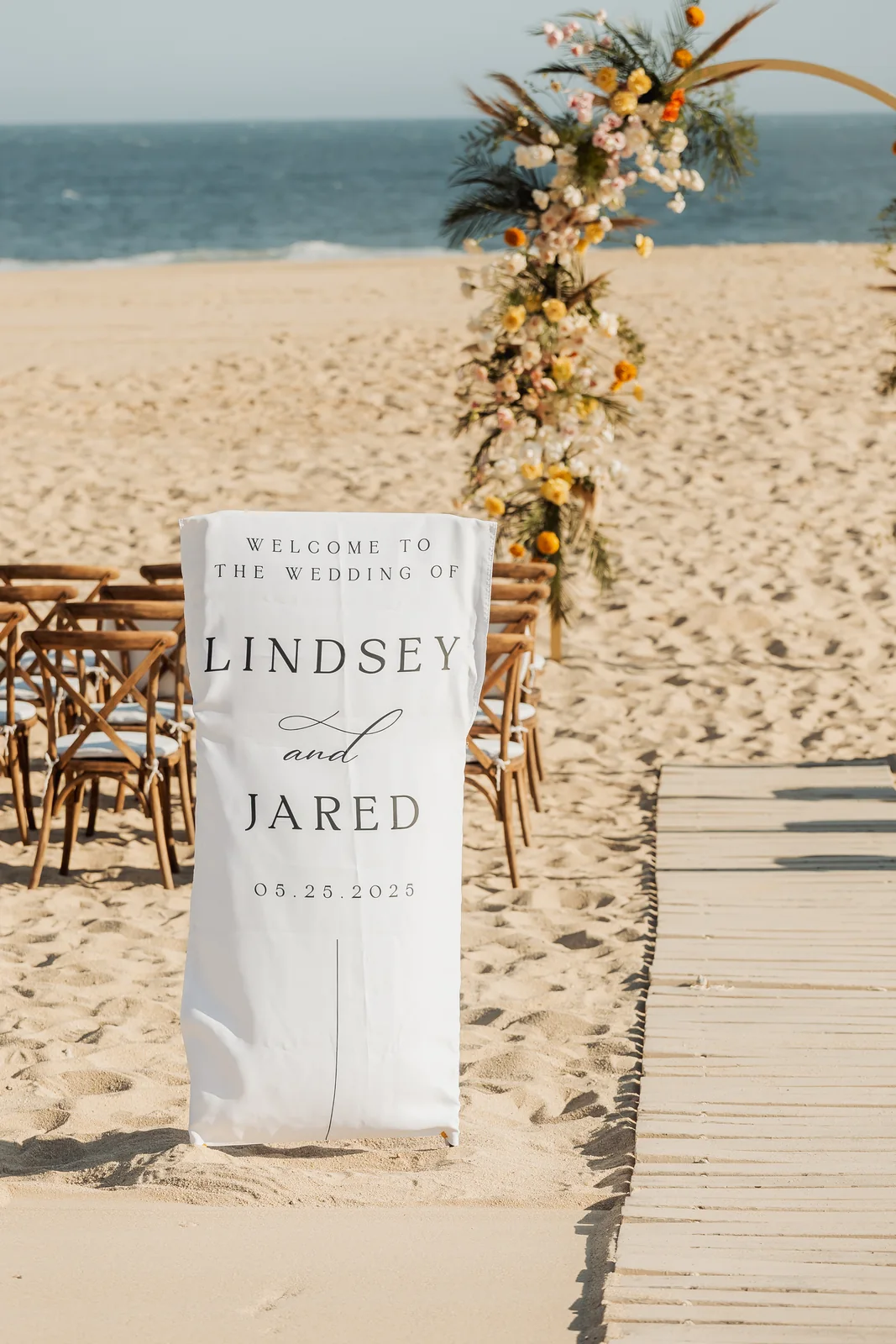 Welcome sign with the couple's names at Pueblo Bonito Pacífica, Cabo San Lucas