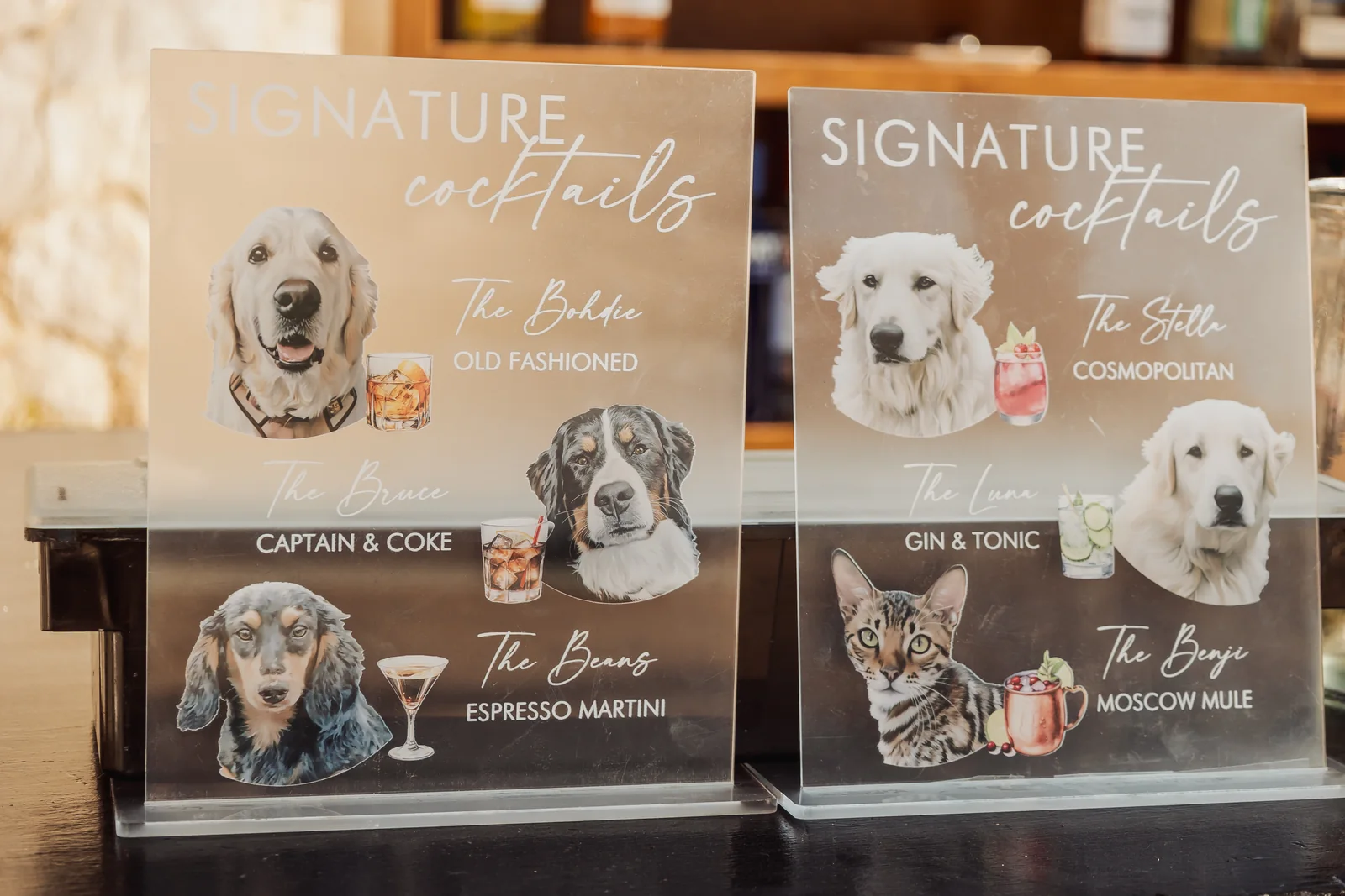 Signature cocktail menu illustrated with the couple's dogs at a Cabo San Lucas wedding
