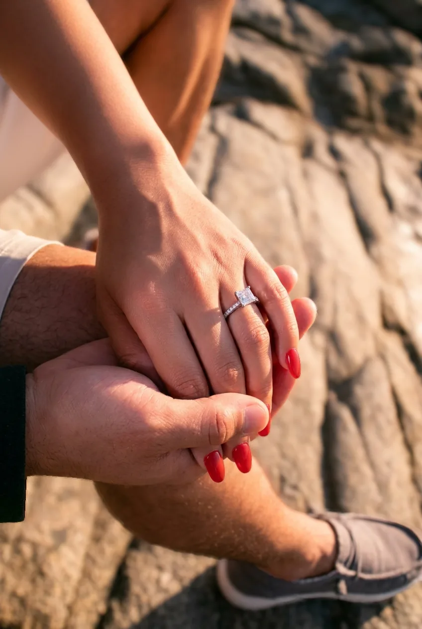 Close-up of an engagement ring on a couple's hands during a proposal at Playa Monumentos, Cabo San Lucas